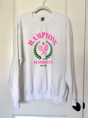 Gildan White Crew Neck Sweater with Pink and Green Design